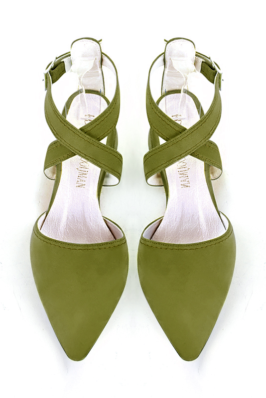 Pistachio green women's open back shoes, with crossed straps. Tapered toe. Low flare heels. Top view - Florence KOOIJMAN